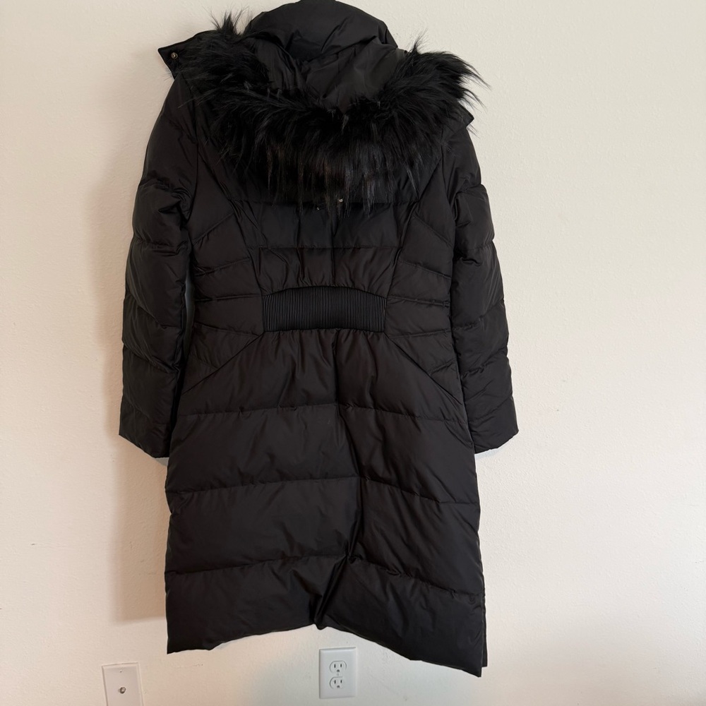 Women’s Cole Haan Black Puffer Coat Knee Length Hooded Size Medium Down Fill - Picture 6 of 7